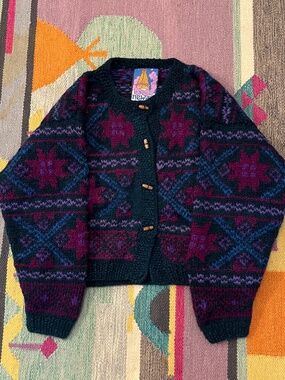Vintage 90s Newari Wool Cardigan Sweater Nepal Whimsigoth Cropped Wood Toggles